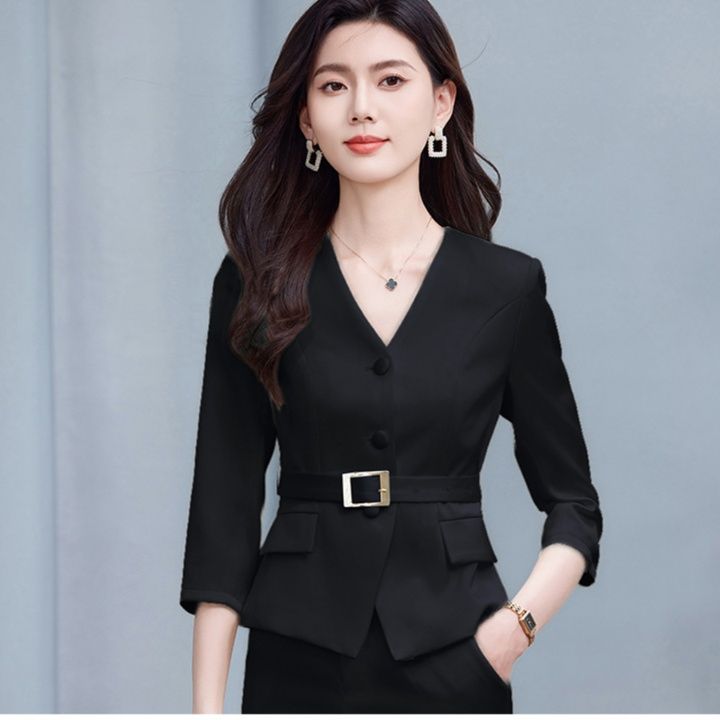 パンツセットアップ 優美ベルト付き七分袖セットアップ