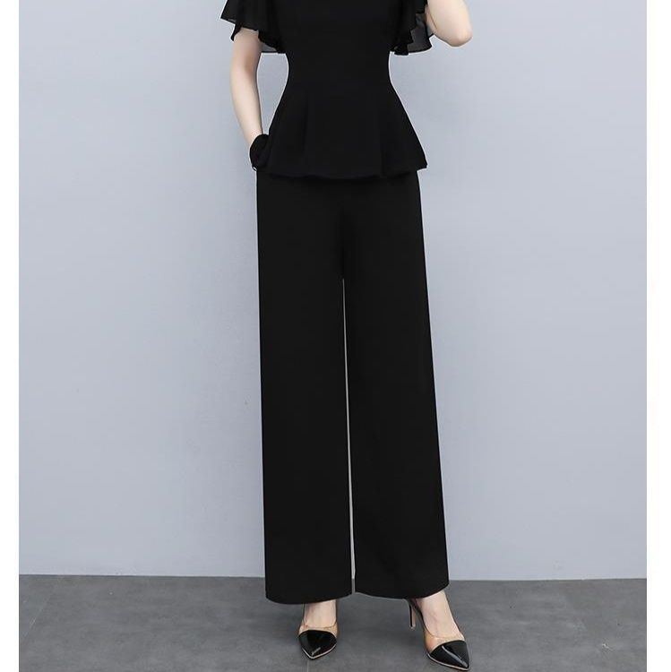 パンツセットアップ フレア袖ペプラムトップスワイドパンツセット