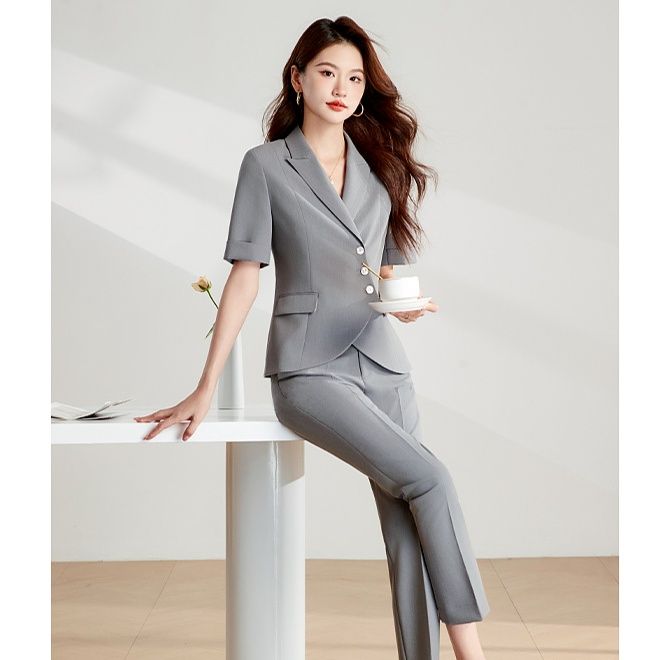 パンツセットアップ 優美な五分袖アシンメトリースーツ
