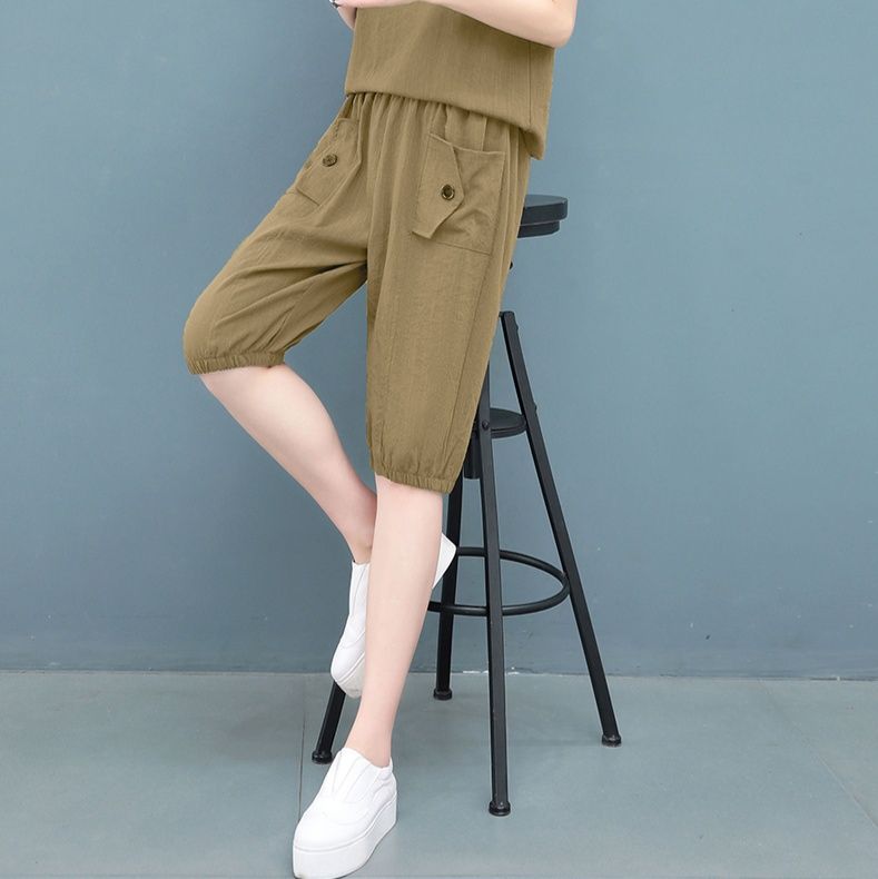 パンツセットアップ リネン風ポケット付き膝丈セットアップ