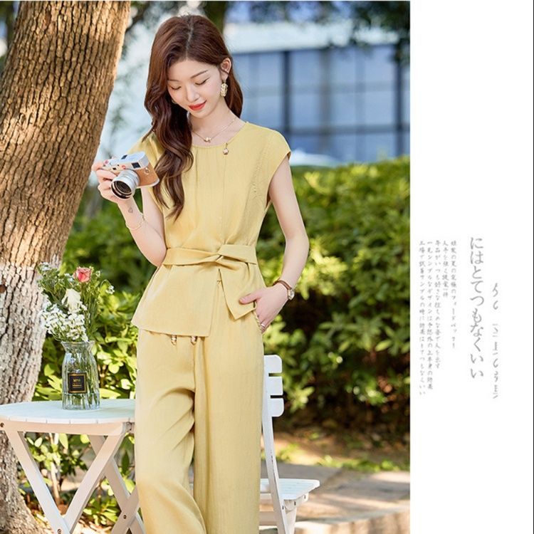 パンツセットアップ 結び目デザインノースリーブセットアップ