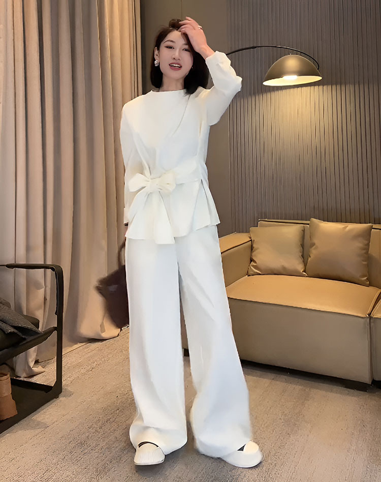 パンツセットアップ リボンベルト付きワイドパンツセットアップ