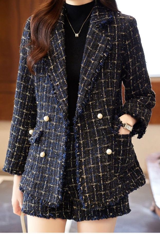 パンツセットアップ ツイード調チェック柄ジャケットショートパンツ二点セット