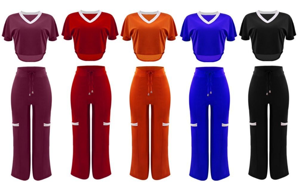 パンツセットアップ 配色切替ブイネック半袖トップスワイドパンツセットアップ