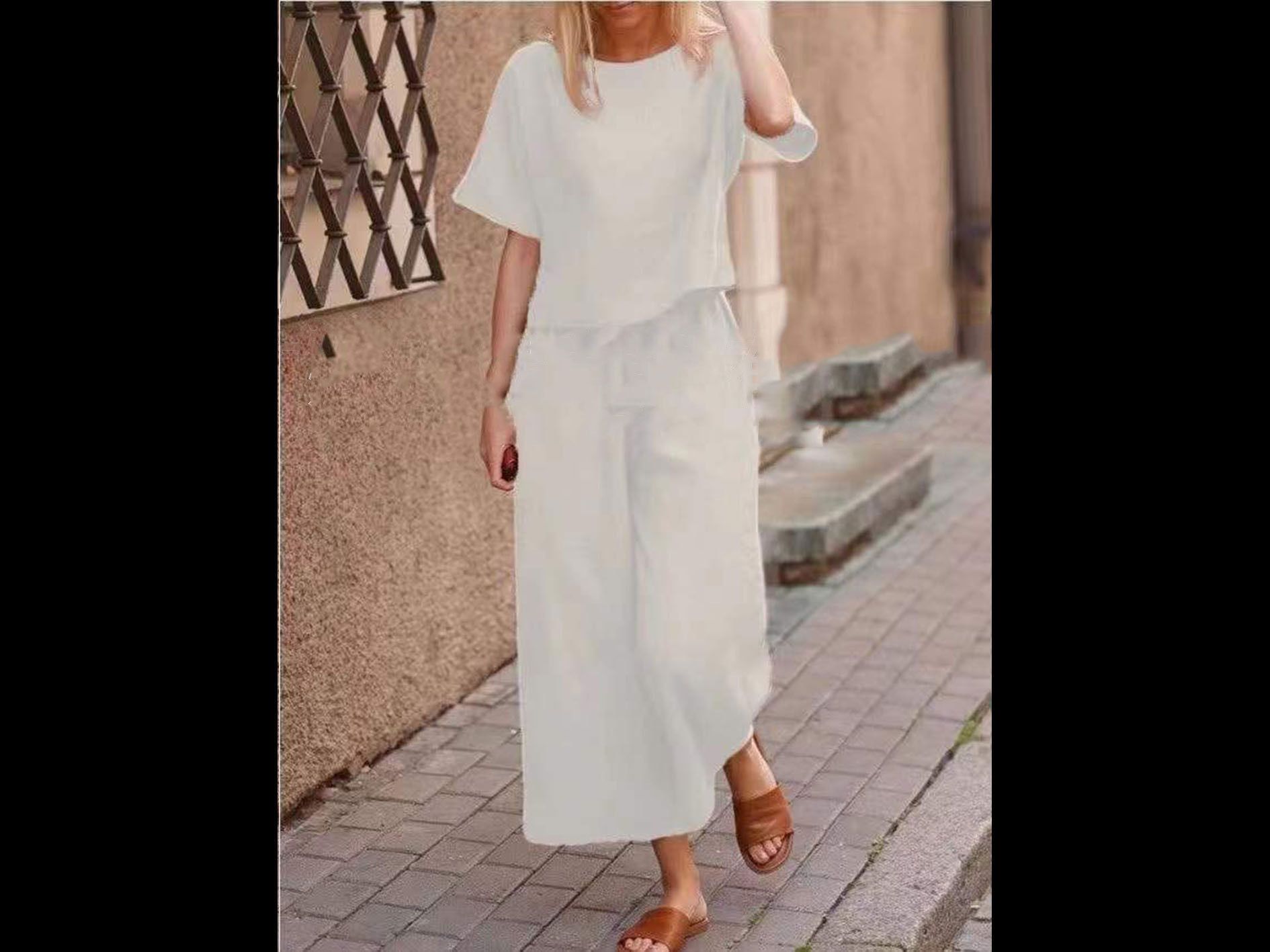 パンツセットアップ リネン風半袖上下セットゆったりワイドパンツセットアップ