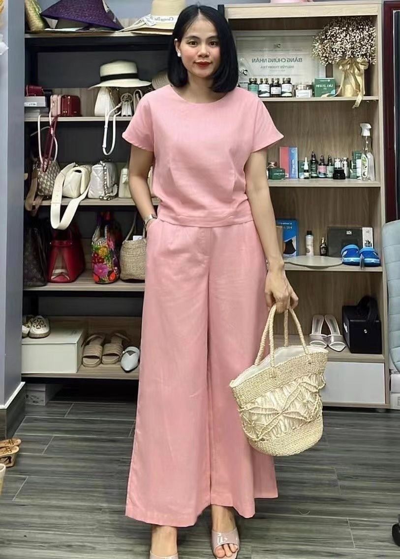 パンツセットアップ リネン風半袖上下セットゆったりワイドパンツセットアップ