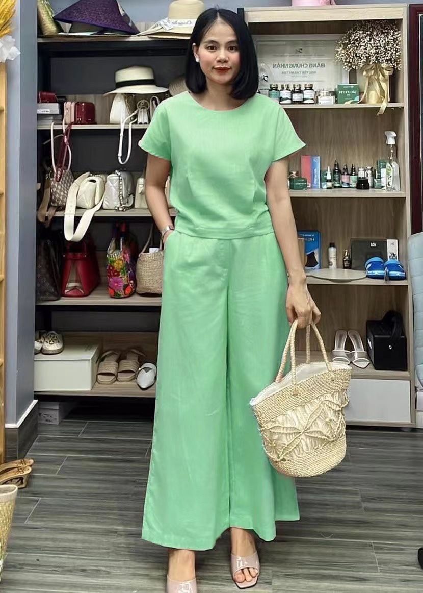 パンツセットアップ リネン風半袖上下セットゆったりワイドパンツセットアップ