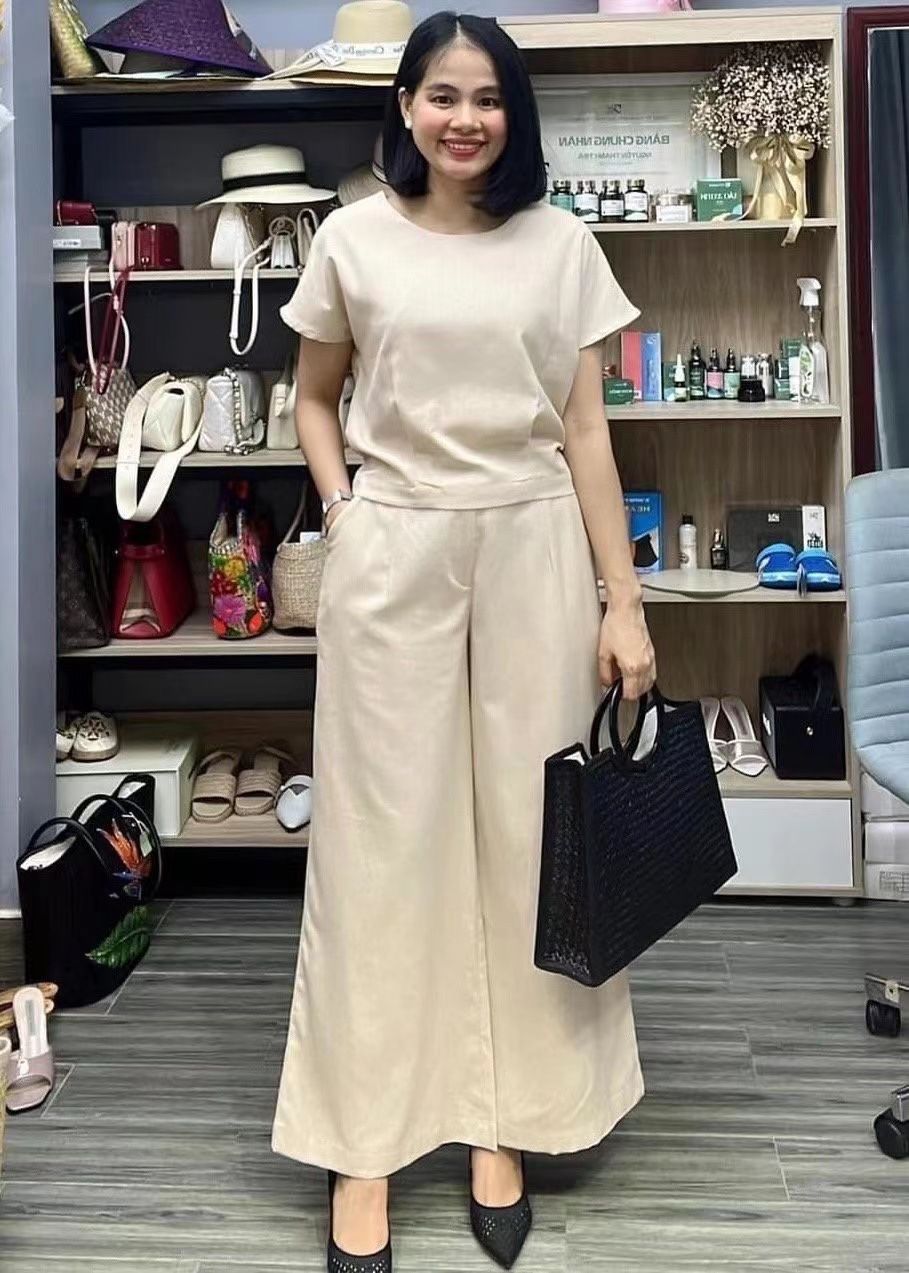 パンツセットアップ リネン風半袖上下セットゆったりワイドパンツセットアップ