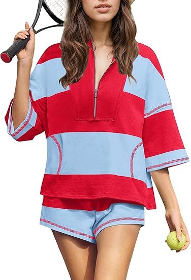 パンツセットアップ 太ボーダー柄ハーフジップパーカーショートパンツ上下セット