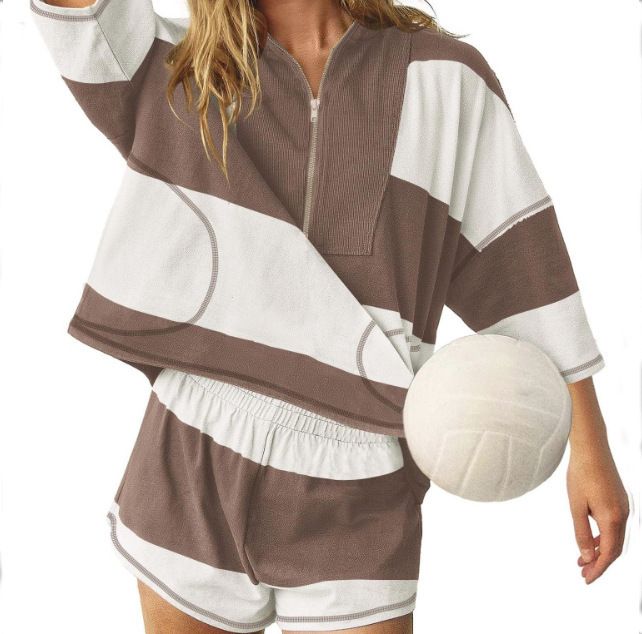 パンツセットアップ 太ボーダー柄ハーフジップパーカーショートパンツ上下セット