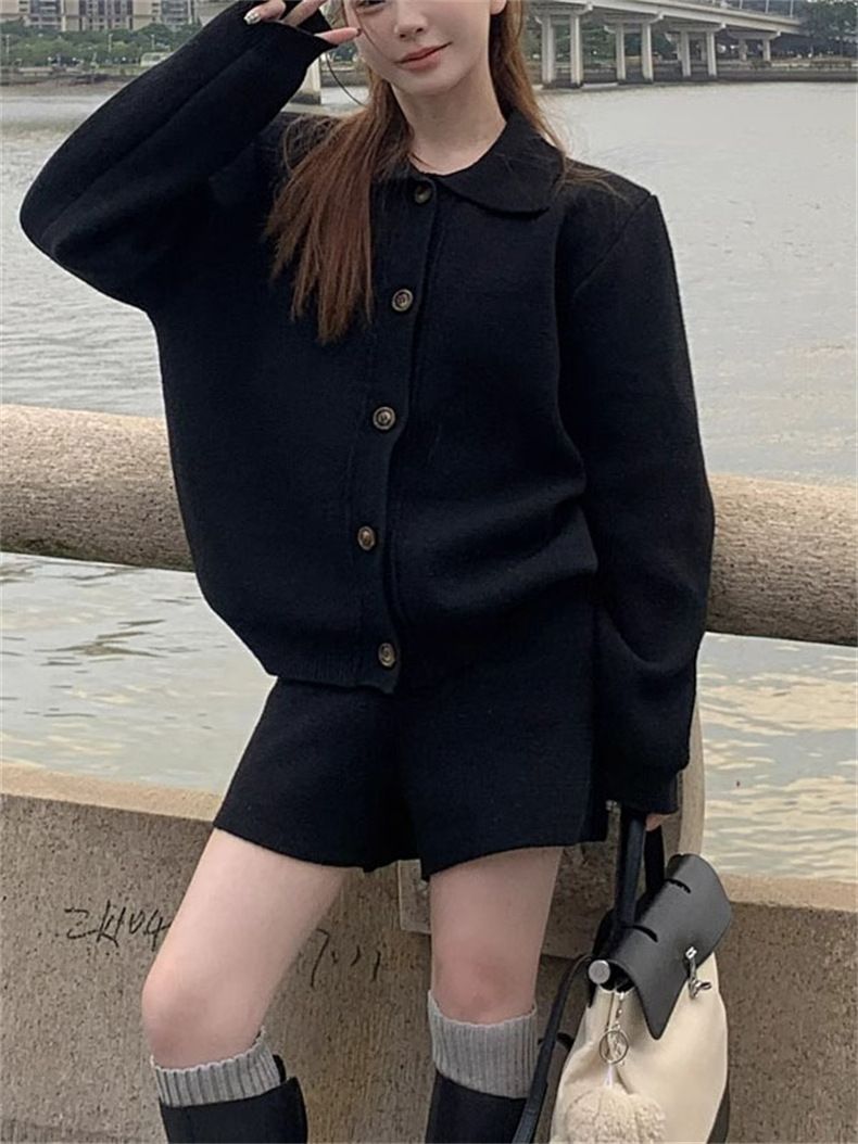 パンツセットアップ ニット素材襟付きジャケット&ショートパンツ上下セット