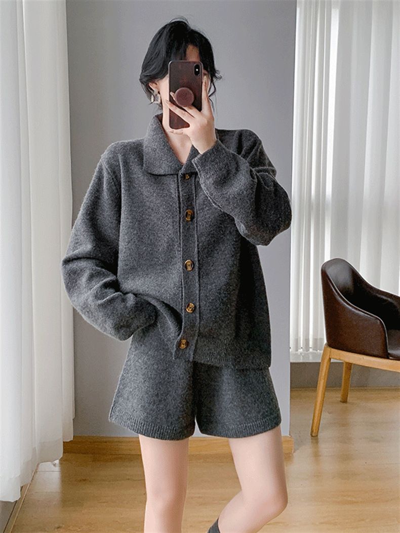 パンツセットアップ ニット素材襟付きジャケット&ショートパンツ上下セット