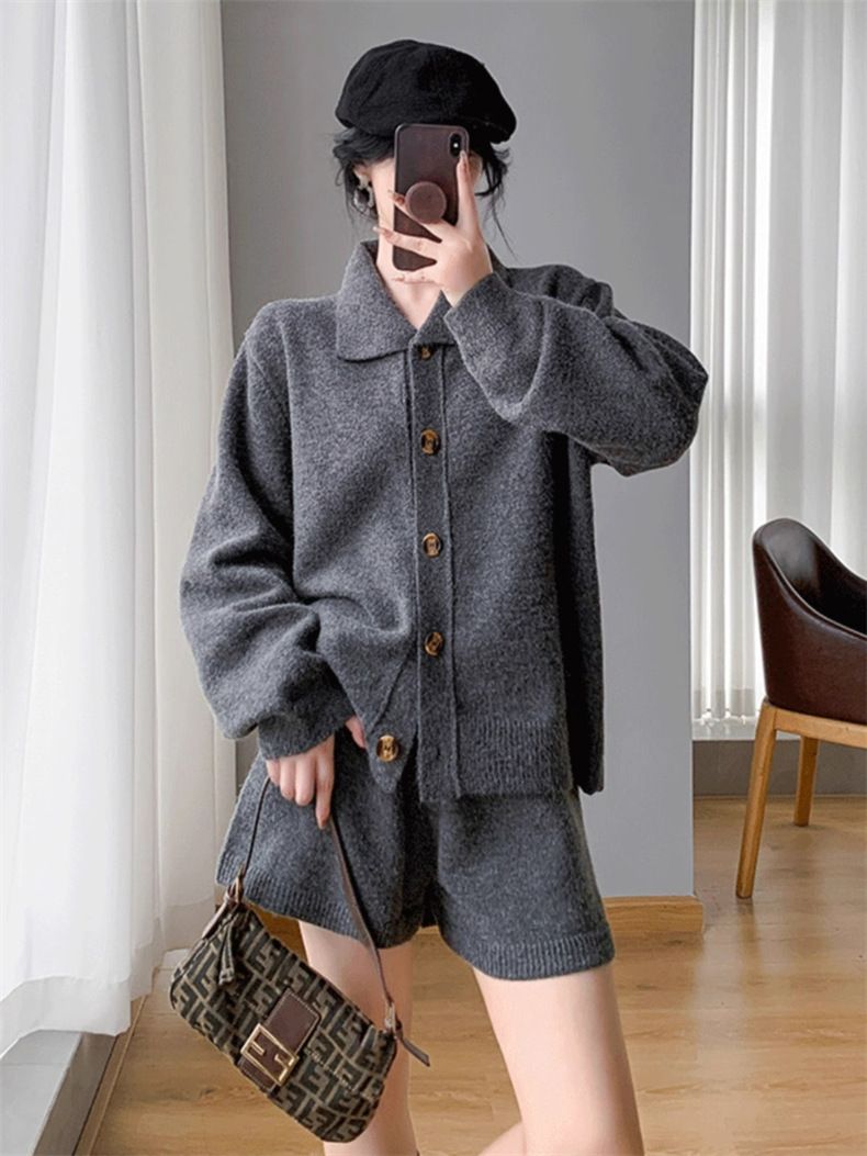 パンツセットアップ ニット素材襟付きジャケット&ショートパンツ上下セット