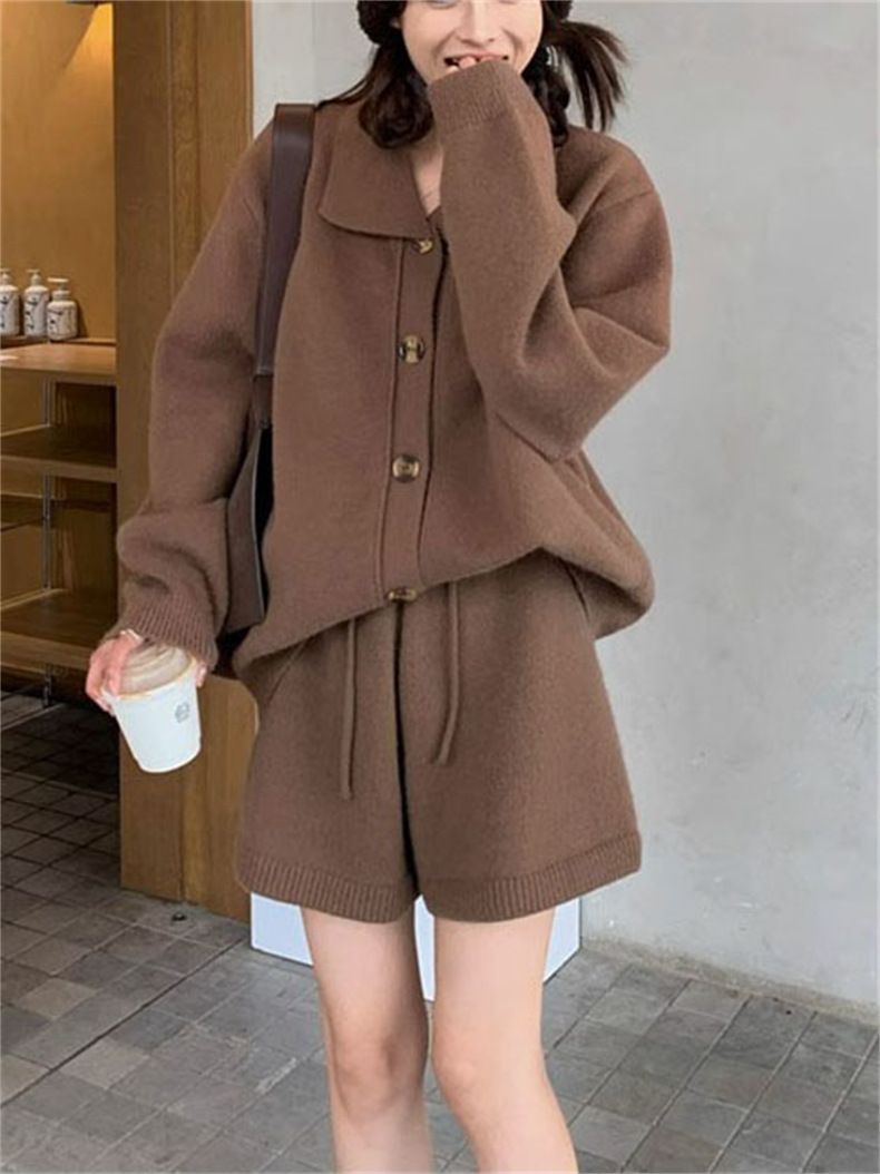 パンツセットアップ ニット素材襟付きジャケット&ショートパンツ上下セット