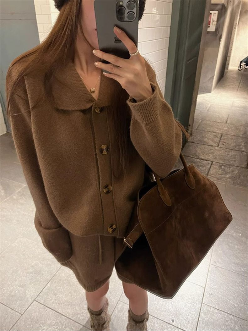 パンツセットアップ ニット素材襟付きジャケット&ショートパンツ上下セット