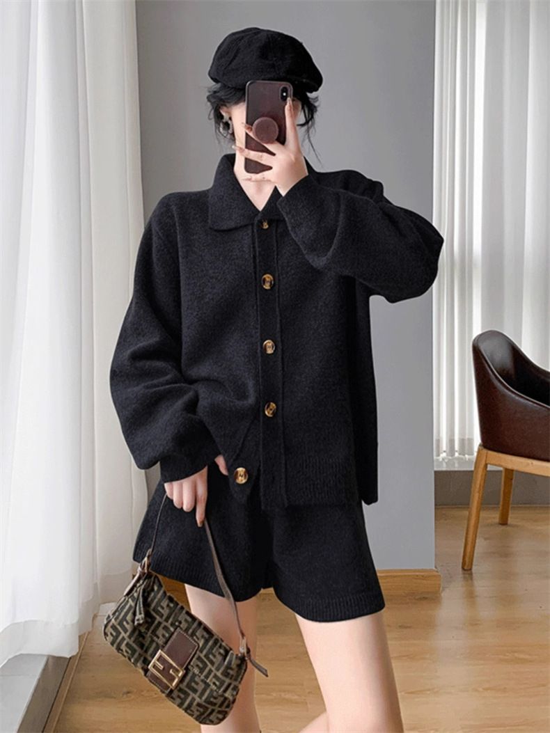 パンツセットアップ ニット素材襟付きジャケット&ショートパンツ上下セット