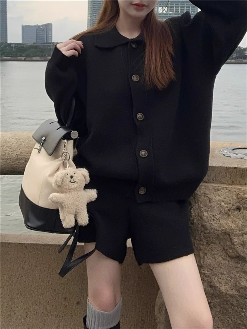 パンツセットアップ ニット素材襟付きジャケット&ショートパンツ上下セット