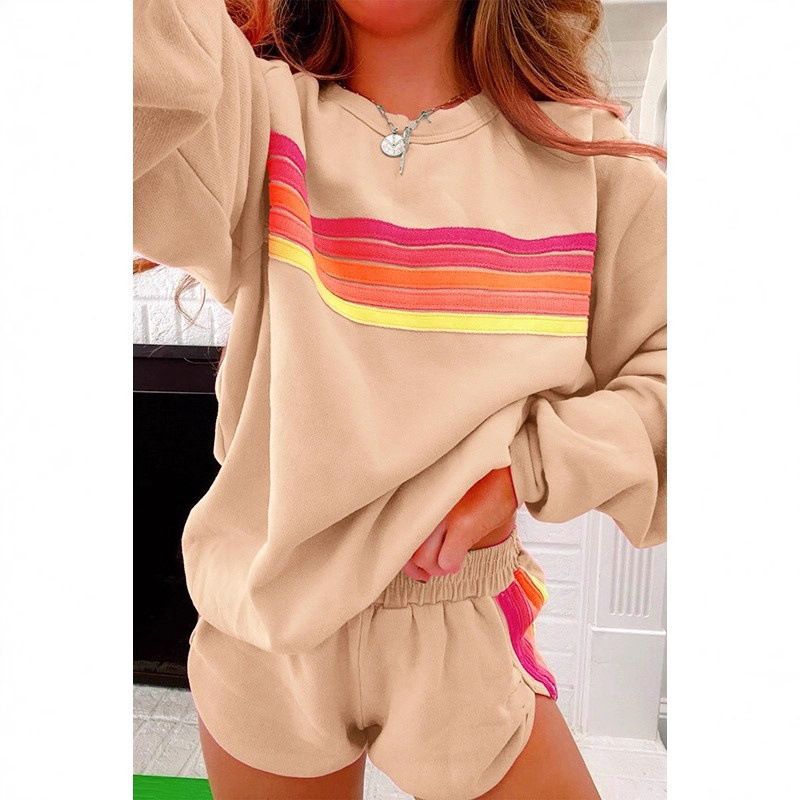 パンツセットアップ レインボーライン刺繍パーカーショートパンツ上下セット