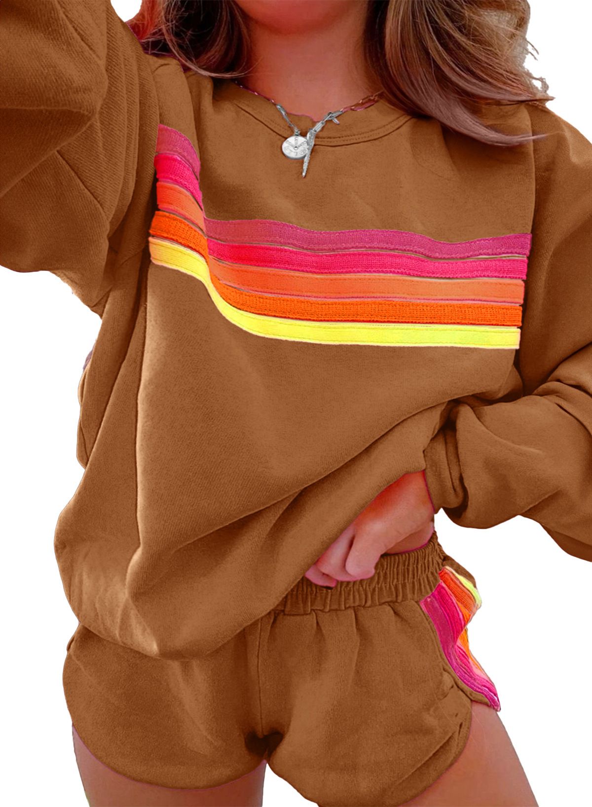 パンツセットアップ レインボーライン刺繍パーカーショートパンツ上下セット