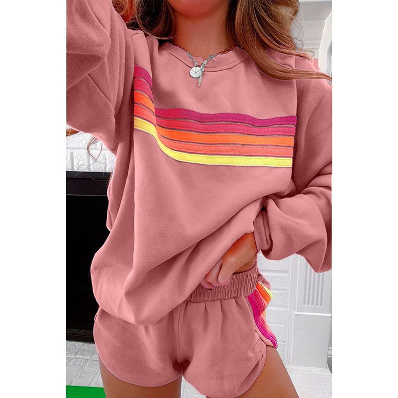 パンツセットアップ レインボーライン刺繍パーカーショートパンツ上下セット