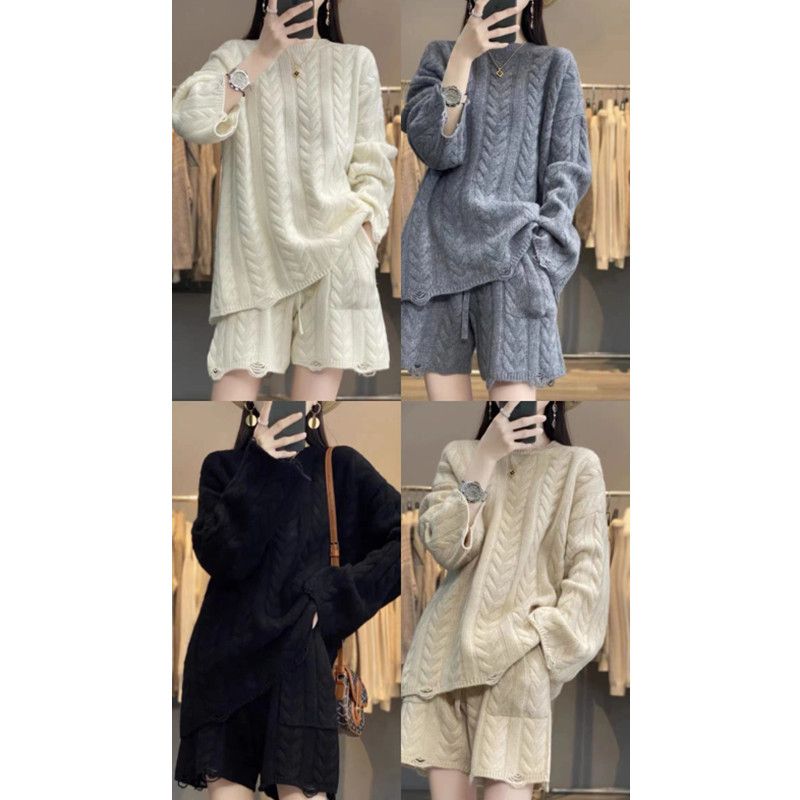 パンツセットアップ ケーブル編みニットトップスとショートパンツの二点セット