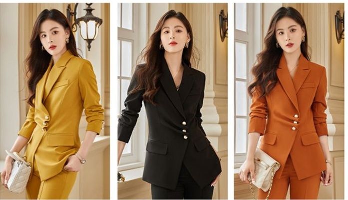 パンツセットアップ パールボタン付きダブルジャケットパンツセットアップ