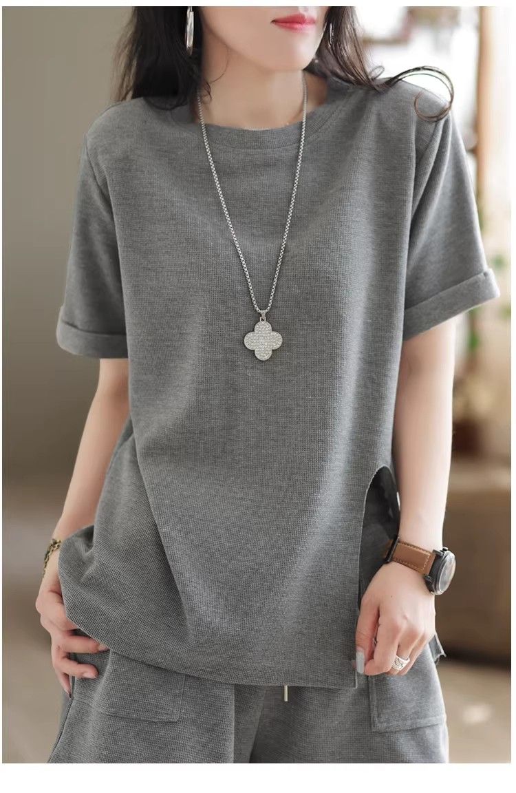 パンツセットアップ リブ編み半袖上下セット楽ちんルームウェア