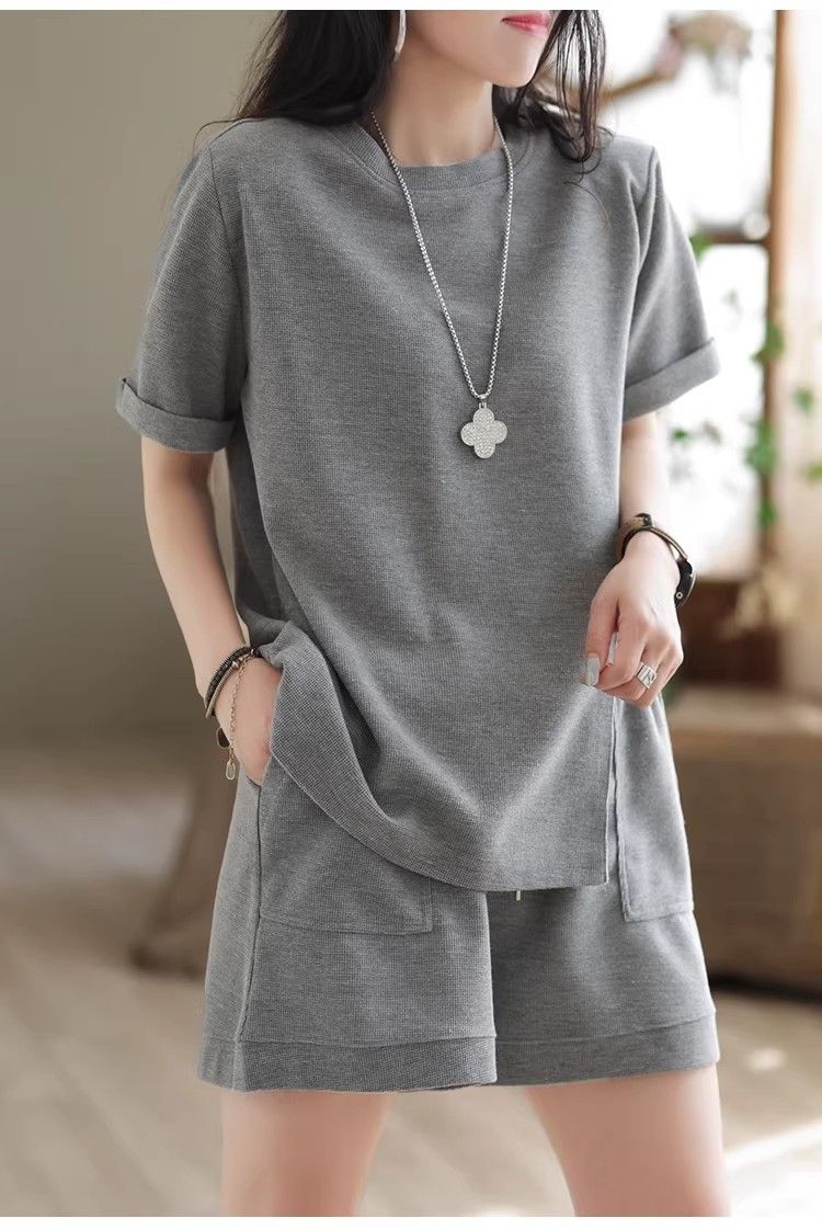 パンツセットアップ リブ編み半袖上下セット楽ちんルームウェア