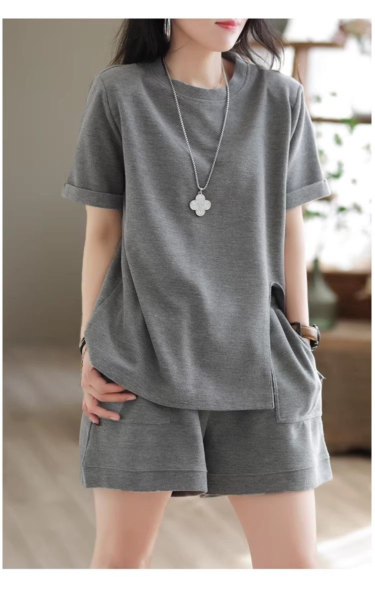 パンツセットアップ リブ編み半袖上下セット楽ちんルームウェア