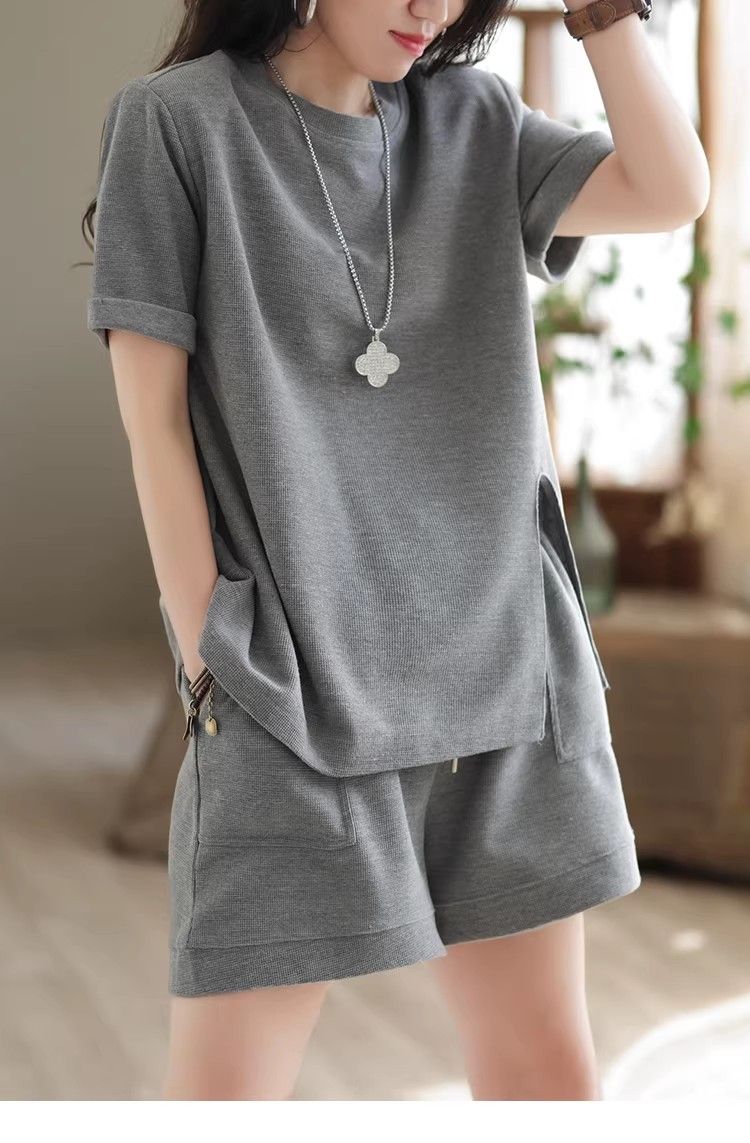 パンツセットアップ リブ編み半袖上下セット楽ちんルームウェア