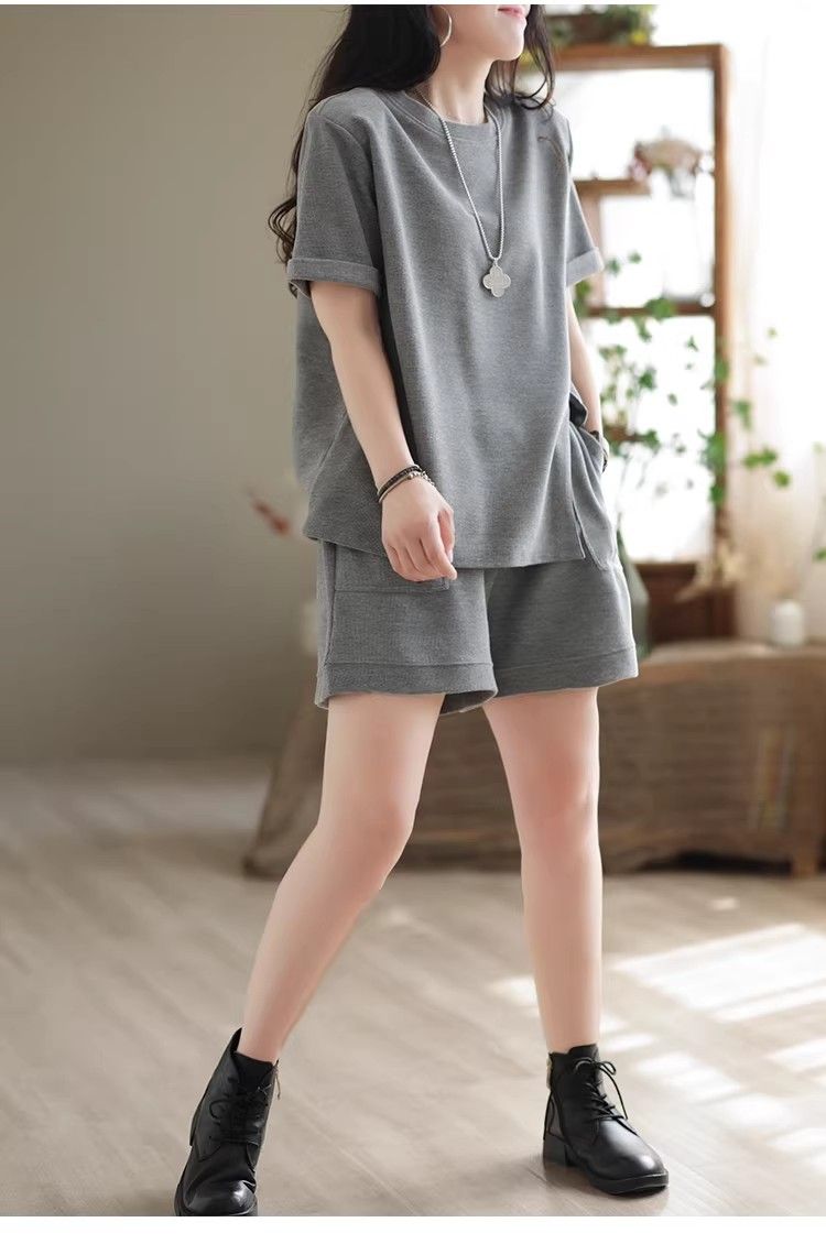 パンツセットアップ リブ編み半袖上下セット楽ちんルームウェア