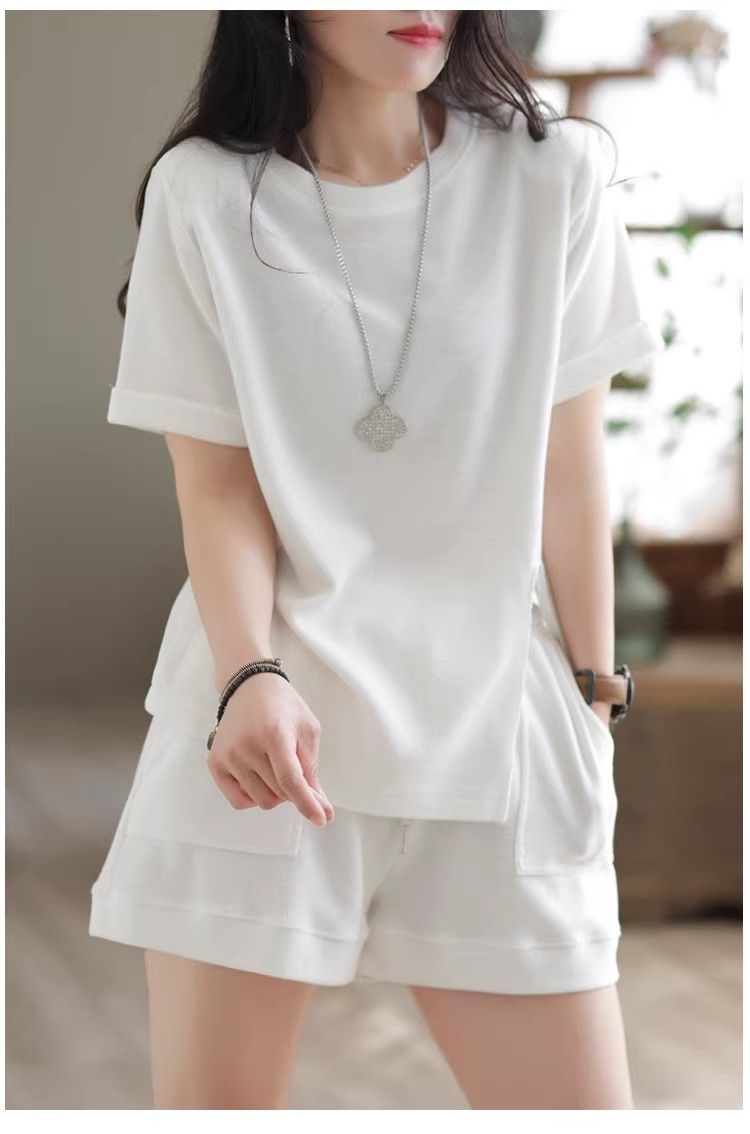 パンツセットアップ リブ編み半袖上下セット楽ちんルームウェア