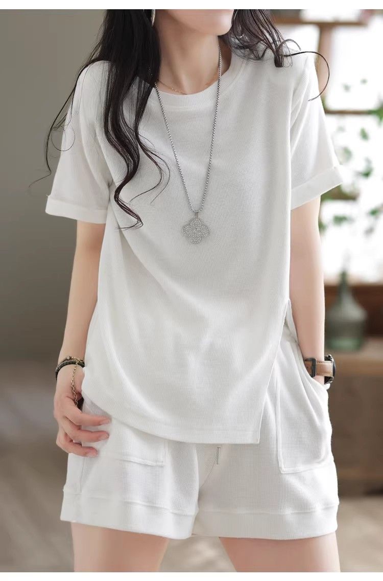 パンツセットアップ リブ編み半袖上下セット楽ちんルームウェア