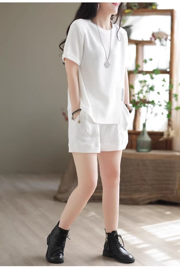 パンツセットアップ リブ編み半袖上下セット楽ちんルームウェア