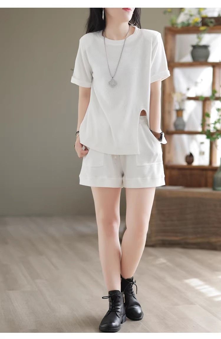 パンツセットアップ リブ編み半袖上下セット楽ちんルームウェア