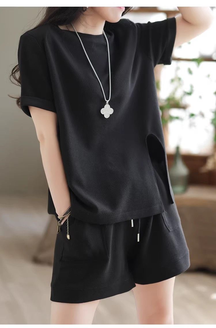 パンツセットアップ リブ編み半袖上下セット楽ちんルームウェア