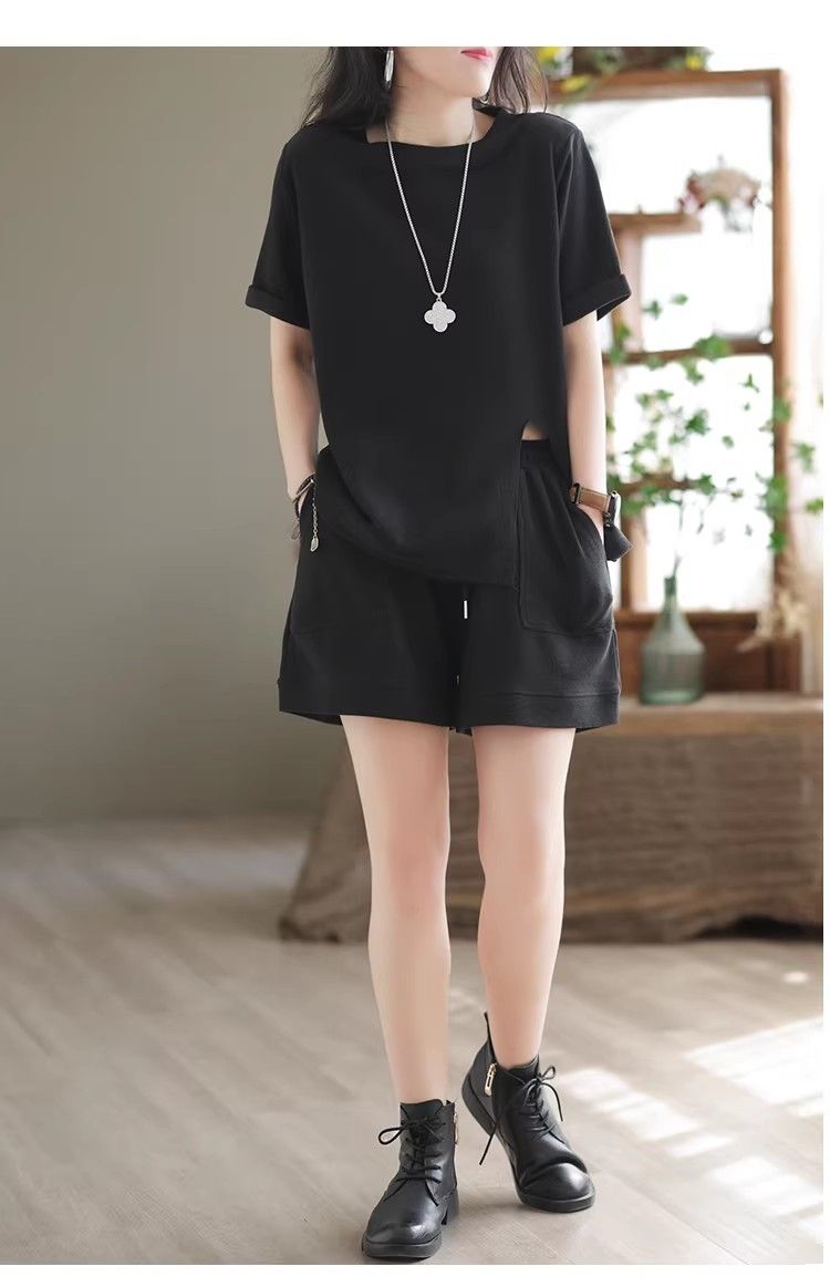 パンツセットアップ リブ編み半袖上下セット楽ちんルームウェア