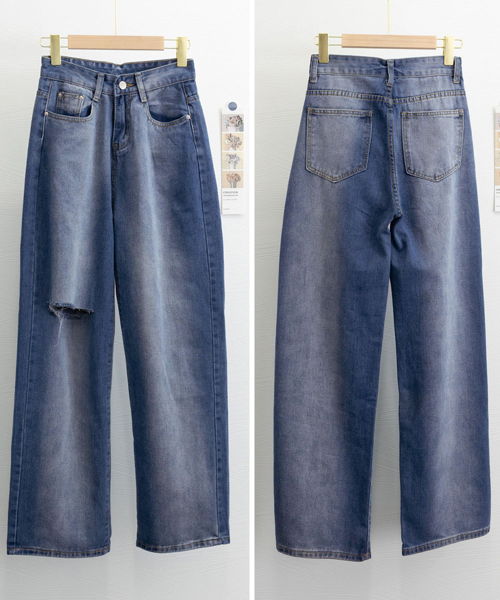 パンツセットアップ 膝ダメージワイドデニムパンツ ゆったりシルエット