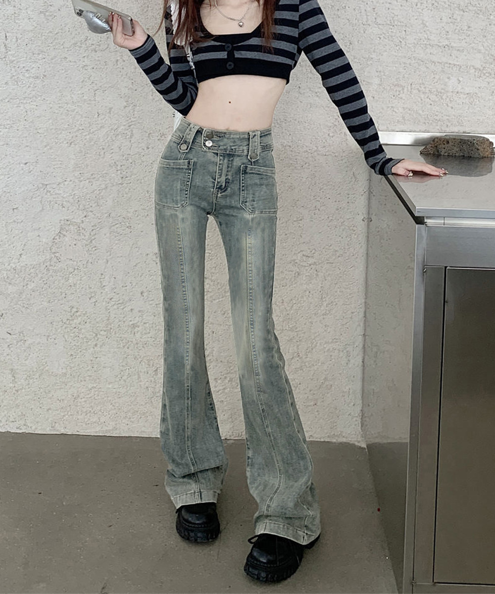 パンツセットアップ ワイドフレアデニムパンツ 古着風加工