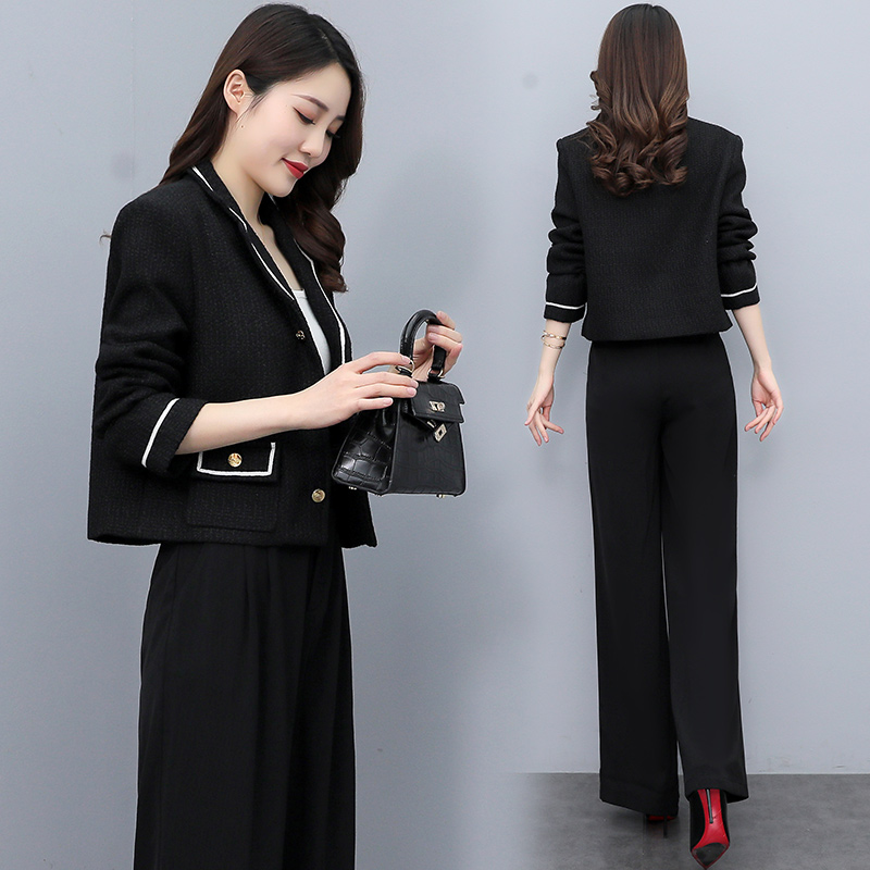 パンツセットアップ 上品な配色パイピングジャケット&ワイドパンツスーツ