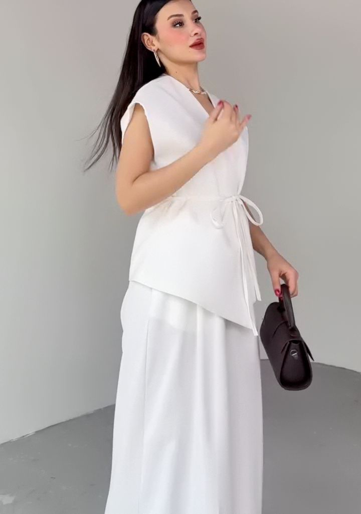 パンツセットアップ 優美リボン結びワイドパンツセット