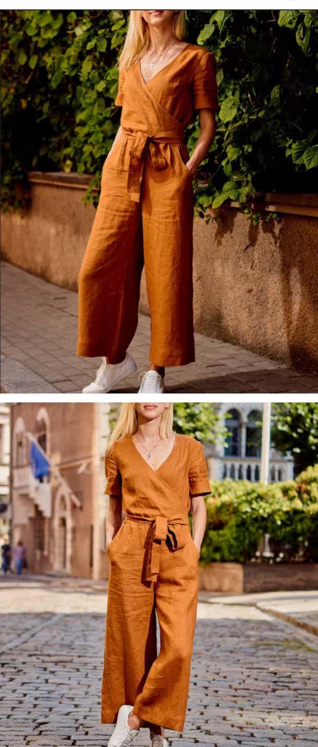 パンツセットアップ カシュクール半袖トップスとワイドパンツセットアップ