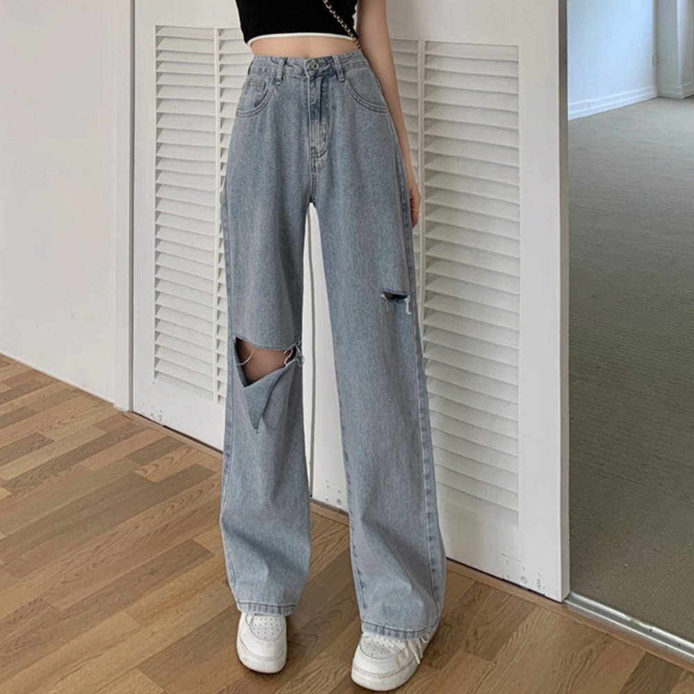 パンツセットアップ ダメージ加工ワイドデニムパンツ レディース着痩せ