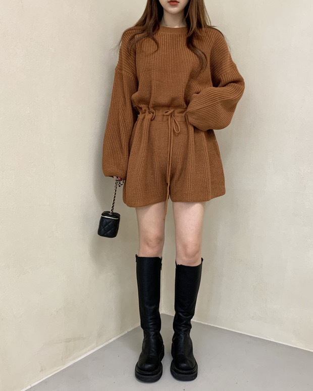 パンツセットアップ 秋冬新作 レディース ニット ショート丈 大人女子 カジュアル