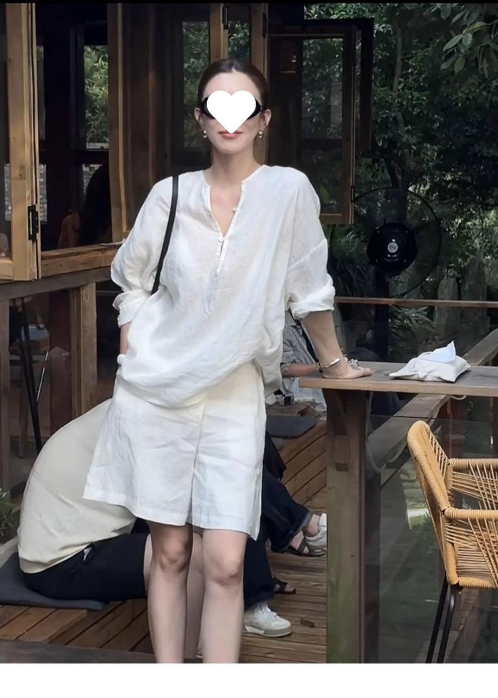 パンツセットアップ 麻混ゆったりワンピースショートパンツ