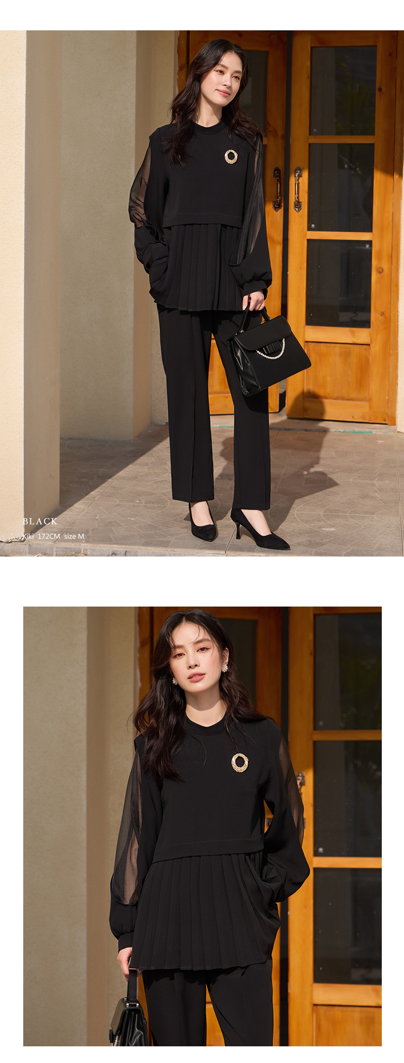 パンツセットアップ 透け感シフォン プリーツ切替セットアップ