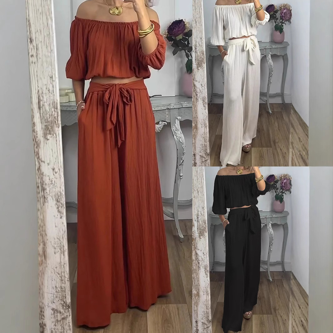 パンツセットアップ 優雅な肩出しワイドパンツセットアップ