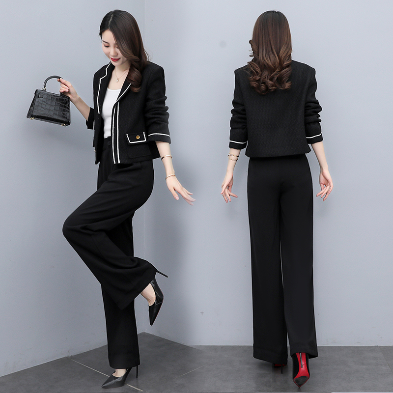 パンツセットアップ 上品な配色パイピングジャケット&ワイドパンツスーツ
