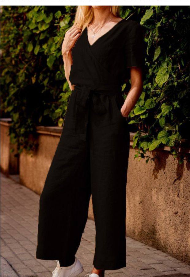 パンツセットアップ カシュクール半袖トップスとワイドパンツセットアップ