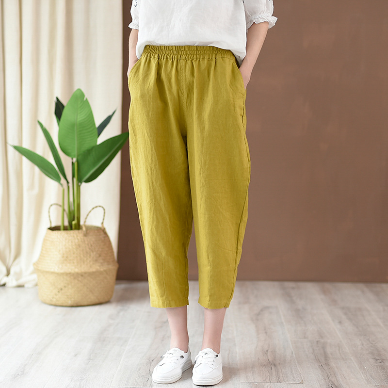 パンツセットアップ リネン素材のゆったりクロップドパンツ